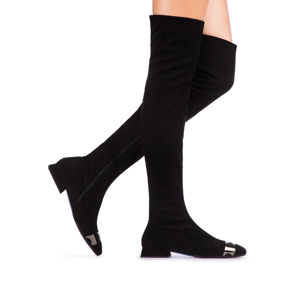 $625 Loriblu OTK Over The Knee Stretch Faux Suede Black Flat Boots 40IT 9US